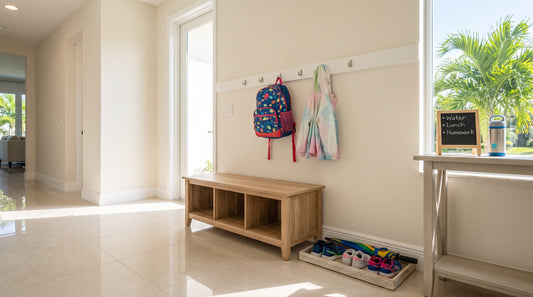 Transform your entryway into an effortless school exit zone. Eliminate 7:00 AM morning chaos with practical drop hubs for backpacks, shoes, and lunchboxes in South Florida.