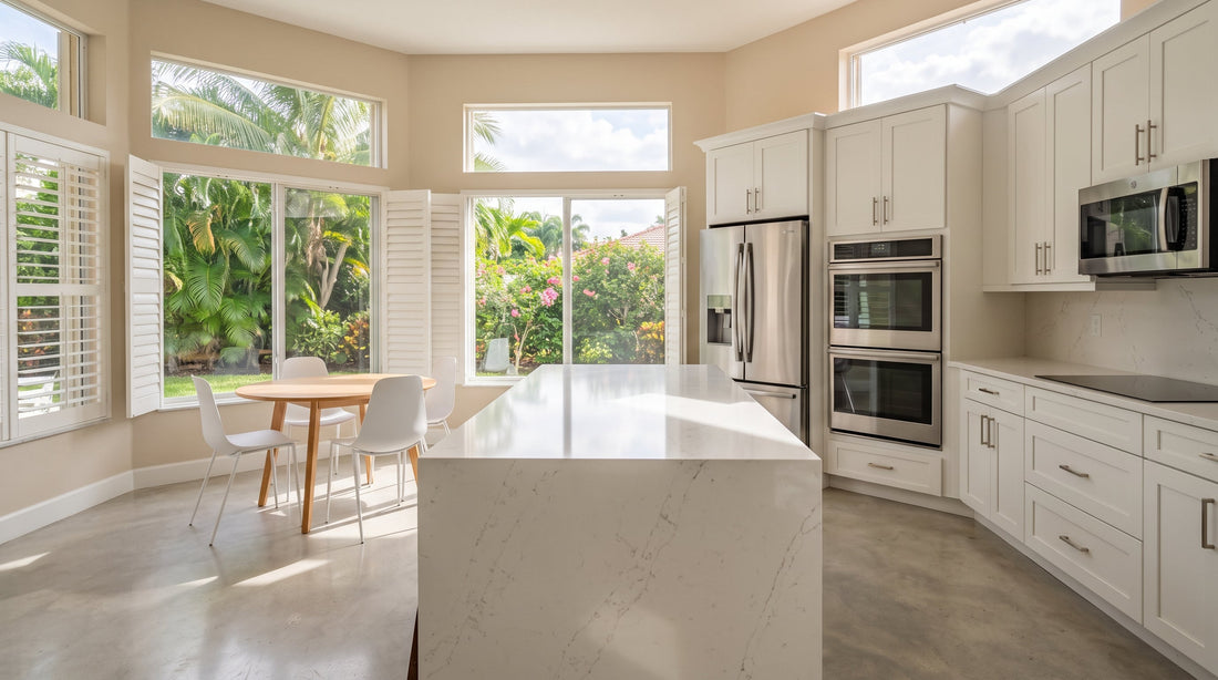 Spotless quartz kitchen island in a Coral Springs home, showing premium house cleaning cost value in South Florida.