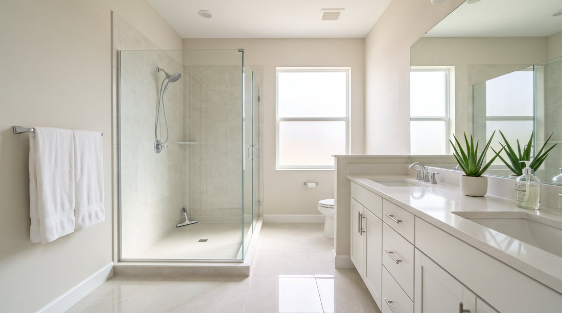 Restored shower grout and streak-free glass in a Boca Raton home, showing deep cleaning vs regular cleaning in South Florida.
