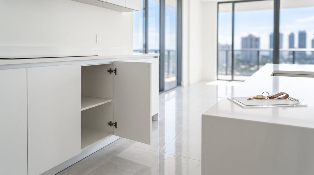 Spotless condo kitchen cabinets ready for inspection, showing move out cleaning service results in Fort Lauderdale, FL.